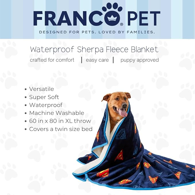 Superman DC Comics Waterproof Dog Bed Cover, XL 60x80 Pet Blanket for Furniture Bed Couch Sofa, (Officially Licensed) by Franco