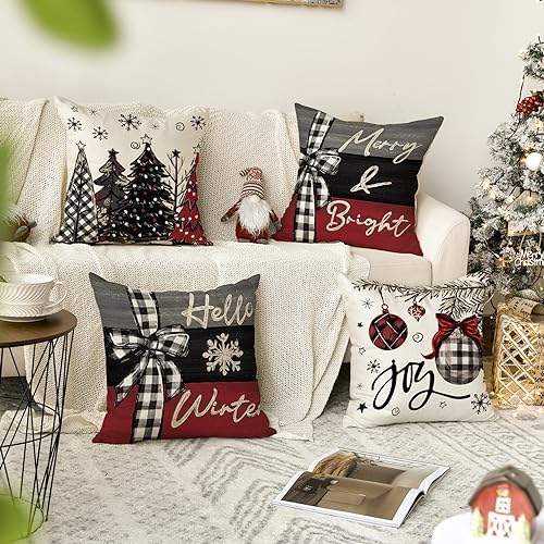 Merry Christmas Joy Xmas Trees Red Throw Pillow Covers, 16x16 Inch Christmas Winter Holiday Cushion Case Decoration for Sofa Couch Set of 4