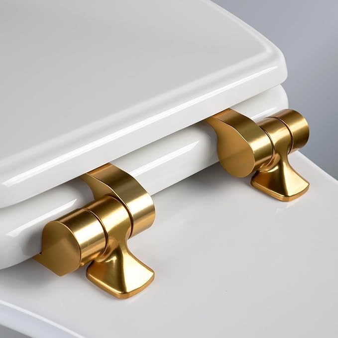 Mayfair Bennett Toilet Seat with Brushed Gold Hinges, Slow Close Wood Seat, Secure Metal Hinges, Easy Install, Made in USA, Round, White
