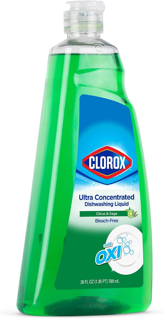 Clorox Ultra Concentrated Liquid Dish Soap with OXI, Citrus and Sage Scent - Bleach-Free Dermatologist Tested Dishwashing Detergent That Powers Through Grease, 26 Fl Oz