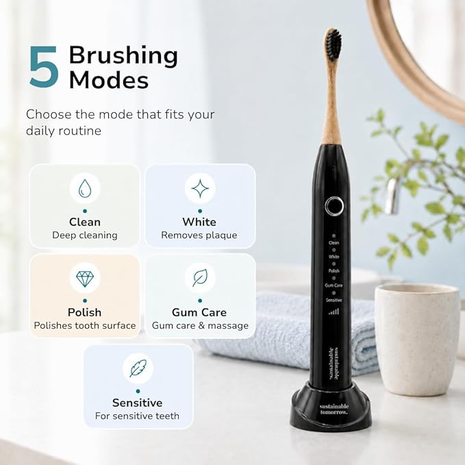 Sustainable Tomorrow Zen Bamboo Electric Toothbrush, Durable Wood-Grain ABS Handle, Rechargeable w/Plant-Based Soft Bristles, Bamboo Heads, 5 Modes & 30-Day Battery (Black)