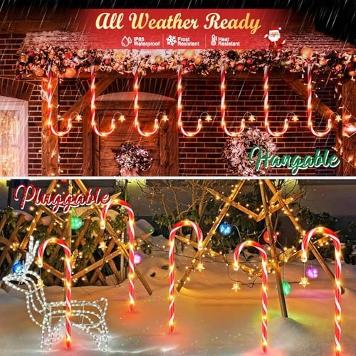 BUCASA 12 Pack Christmas Decorations Outdoor Solar Candy Cane Lights, Solar Christmas Pathway Lights with USB Charge, 10 Modes 72 LEDs Waterproof Outdoor Xmas Decorations for Garden Yard Pathway