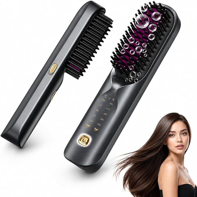 Bopcal Cordless Hair Straightener Brush, Upgraded Rechargeable Portable Hair Straightening Brush for Travel, 300M Anti-Frizz Negative Ions Straightening Comb, 30s Fast Heating, for Women & Men