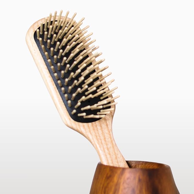 TEK | Rectangular Wooden Hair Brush Medium with Short Rounded Teeth in Natural Ash Wood, Ideal for Detangling, Styling and Daily Care of Short and Medium-Lenght Hair | 22x5.5cm | Handmade in Italy