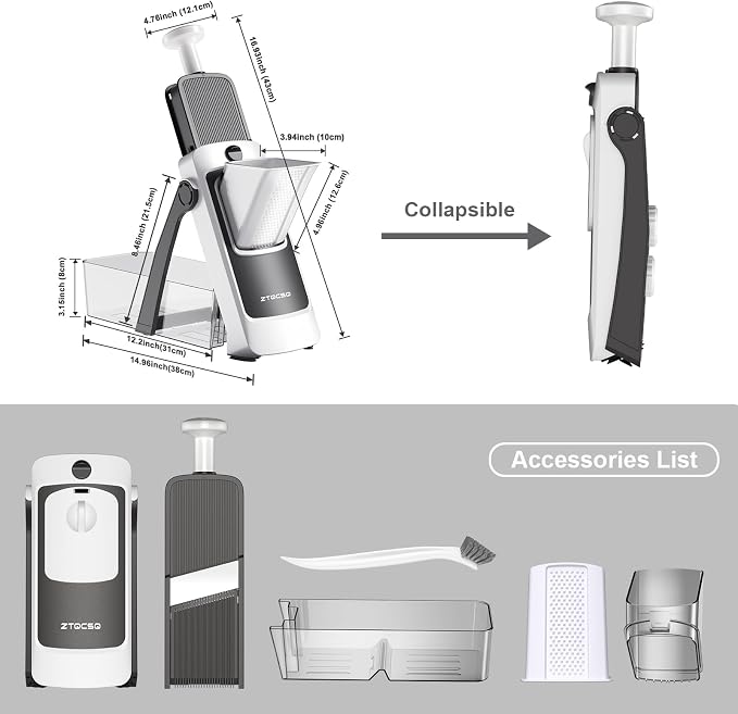 Vegetable Slicer with Adjustable Thickness, Easy to Clean Potato Mandoline Slicer with Container, Rapid Prep French Fry Veggie Cutter/Onion Slicer, Free Grater/Cleaning Brush (Gray)