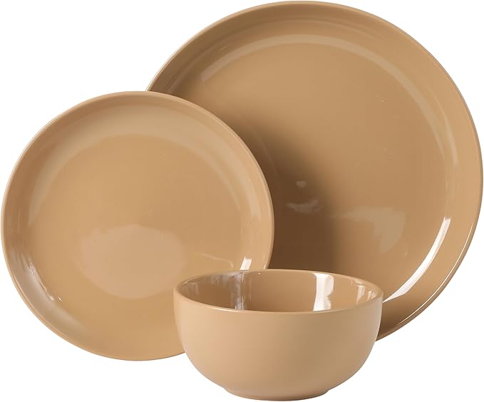 Gibson Home Rockaway 12 Piece Plates and Bowls Matte Outside/Shiny Inside Glaze Service for 4 Dinnerware Set - Assorted Color (Cream, Blue, Beige, Brown) - Dishwasher and Microwave Safe