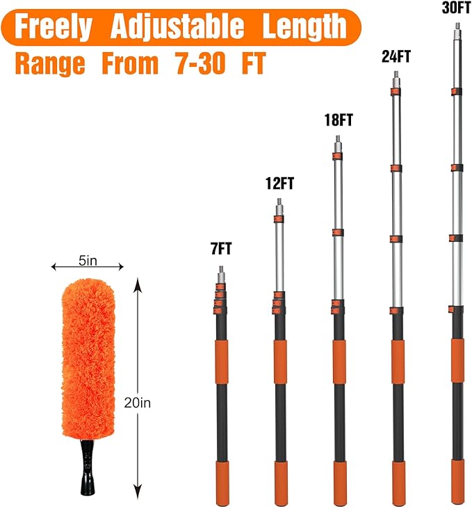 LAANPOLE 36FT Reach Dusters for Cleaning, Ceiling Fan Cleaner Duster with Extension Pole, Wall and Baseboard Cleaner Mop with Handle for Window Cobweb Fan Blade and High Ceiling
