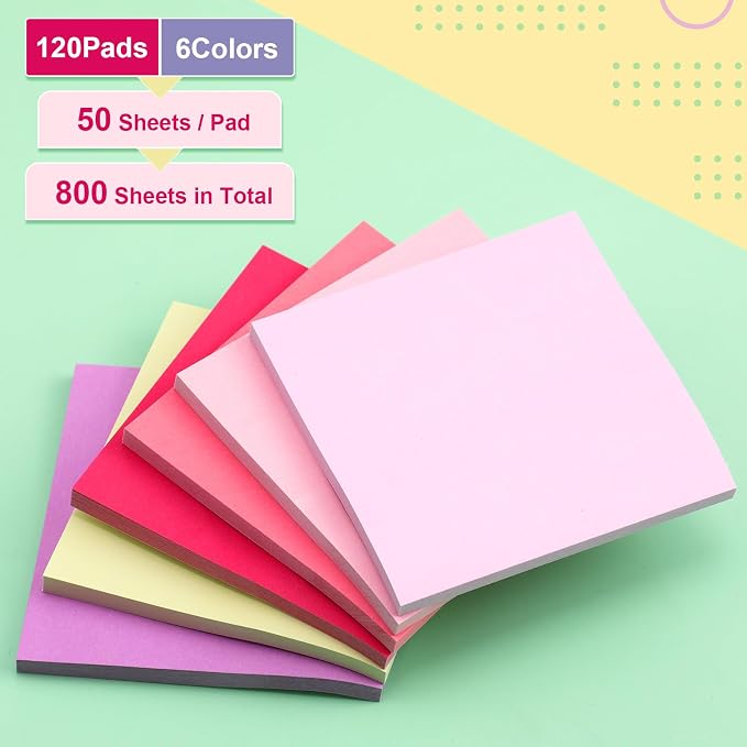 Fainne 120 Pack Sticky Notes Bulk 3 x 3 inch Self Stick Note Pads Multicolor Paper Memo for Office School Supplies Student Teacher Classroom Back to School Essentials, 50 Sheet/Pad(Vivid Color)