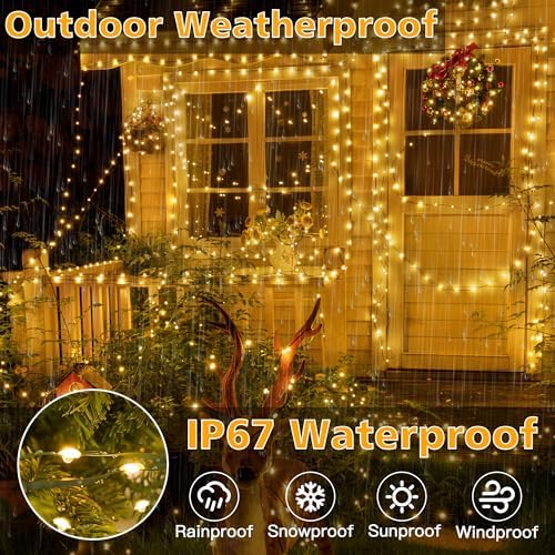 Ollny Christmas Lights Outdoor, 393FT 1200 LED IP67 Waterproof Christmas Tree Lights with 8 Modes Remote Timer, String Lights for House Yard Outside Indoor Xmas Decorations Warm White