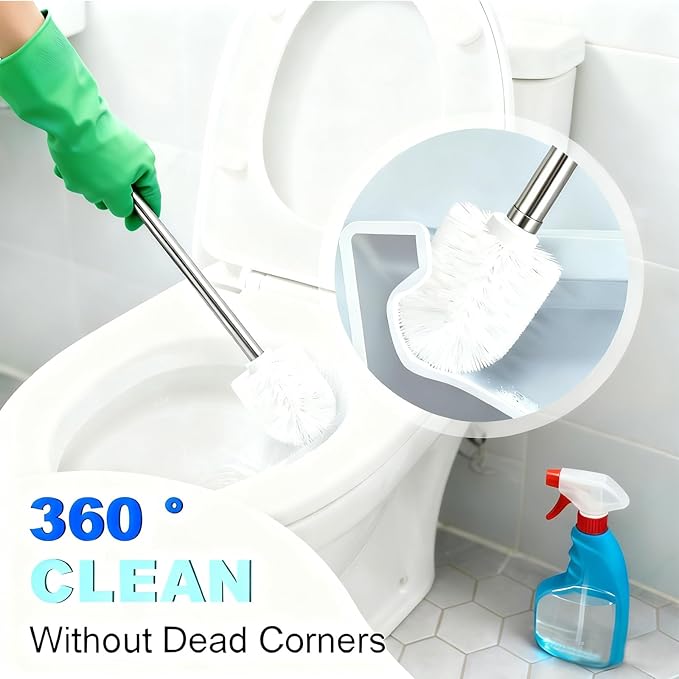 Toilet Brush and Holder Set, NEWRAIN 304 Stainless Steel Wall Mounted Toilet Brush with Long Brush Handle, Brushed Nickel Toilet Scrubber, Glass Canister