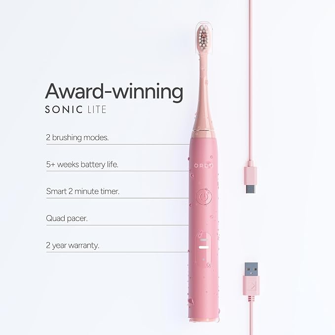 ORDO Sonic Lite Electric Toothbrush, Adults, Rechargeable, USB-C, Petal | Rechargeable sonic electric toothbrush, 35,000 pulses/min, dual modes, smart timer, 5+ week battery, USB-C charger