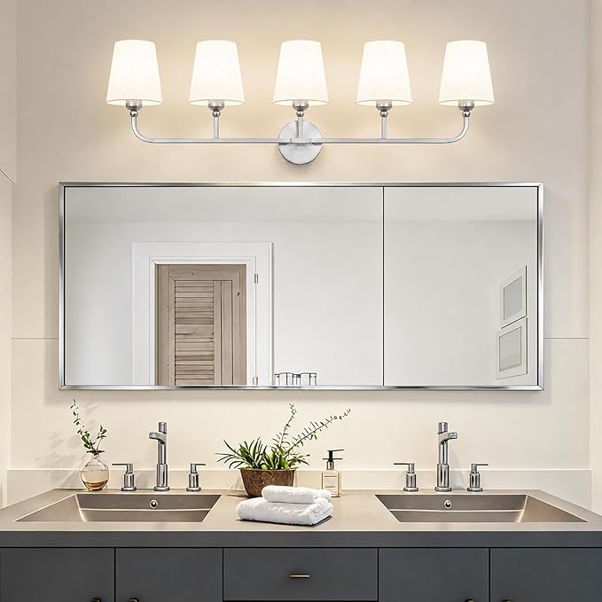 Bathroom Vanity Light, Brushed Nickel Bathroom Light Fixtures, 5-Light Lighting Fixtures Over Mirror, Modern Wall Sconce with Flared White Fabric Shade, E26 Socket(ETL Listed)