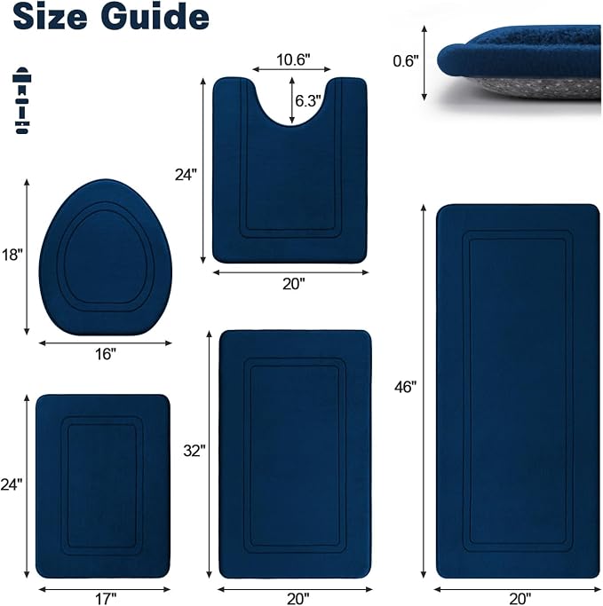 YIHOUSE Dark Blue Memory Foam Bathroom Rug Set 5 Piece, Absorbent Bath Mats, Non Slip Bath Mats for Bath Room Washable Dry Quickly Bath Rug Set for Bathroom Floor, Dark Blue Bath Mat Set 5 Piece