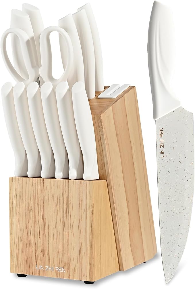 15 Piece Knife Set，Kitchen Knife Block Set，White stainless steel knife set with sharpener for Chopping, Slicing, Dicing & Cutting，Dishwasher safe