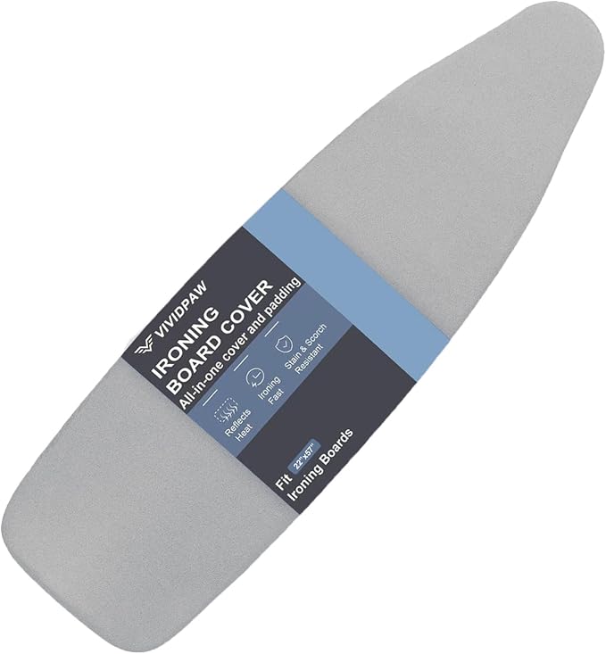 VividPaw Extra Large Ironing Board Cover and Pad 22x57, 21x57 Thick Padding, Elastic Edge, Silicone Coated, Resist Scorching, Adjustable Fastener, Heavy Duty Padded Iron Board Covers (Grey)