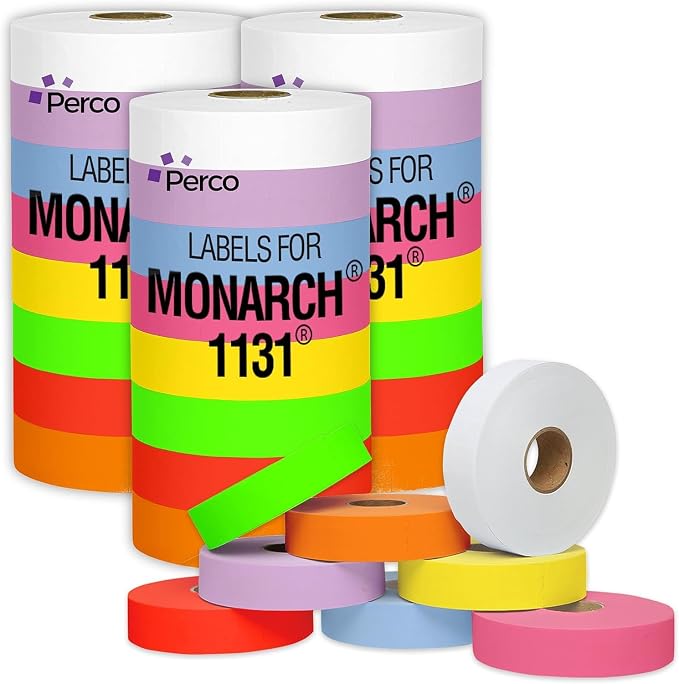 Pricing Labels for Monarch 1131 Multicolored - Includes White, Yellow, Blue, Lavender & Fluorescent Colors (Red Green Pink Orange) - 60,000 Labels w/ 24 Rolls Value Pack, 3 Sleeves - Made in USA
