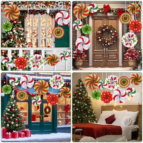 Outus 27 Pcs Christmas Hanging Decorations Candy Paper Fans Decor Red Green