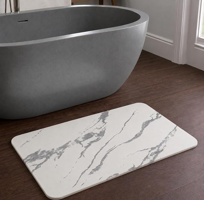 Stone Bath Mat – Diatomaceous Earth Quick Drying Non-Slip Bathroom Mat Rug– Absorbent Diatomite Shower Mat, Durable & Easy to Clean, Modern, 23.6" x 15.3", (White - Marble)