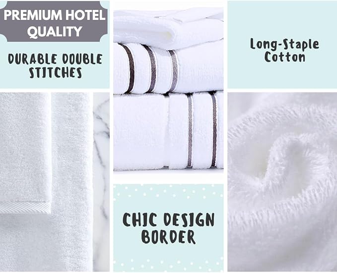 Bath Towels Set for Bathroom – Luxury 6-Piece Cotton Towels, Soft Absorbent & Quick Dry, 600 GSM Bath Towels for Bathroom, Hotel Spa Quality (White/Charcoal, 6- Bath Towel Set)