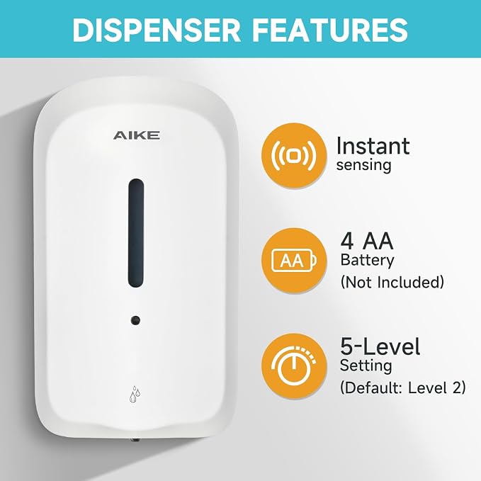 AIKE Liquid Automatic Soap Dispenser,33.8oz Capacity for Bathroom,White | 5-Level Adjustable and Savety Key for Commercial(4*AA Batteries Not Included),Screw Wall Mount for Space-Saving,AK1226S