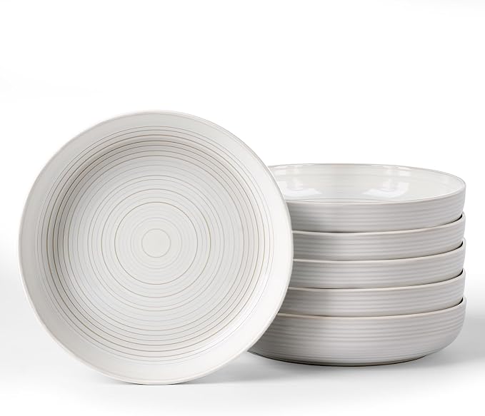famiware Milkyway 33 oz Bowl Set, Pasta Bowls Set of 6, Salad Bowls, Double Reactive Glaze, Sturdy & Stackable, Ideal for Housewarming, Festivals, White Thread