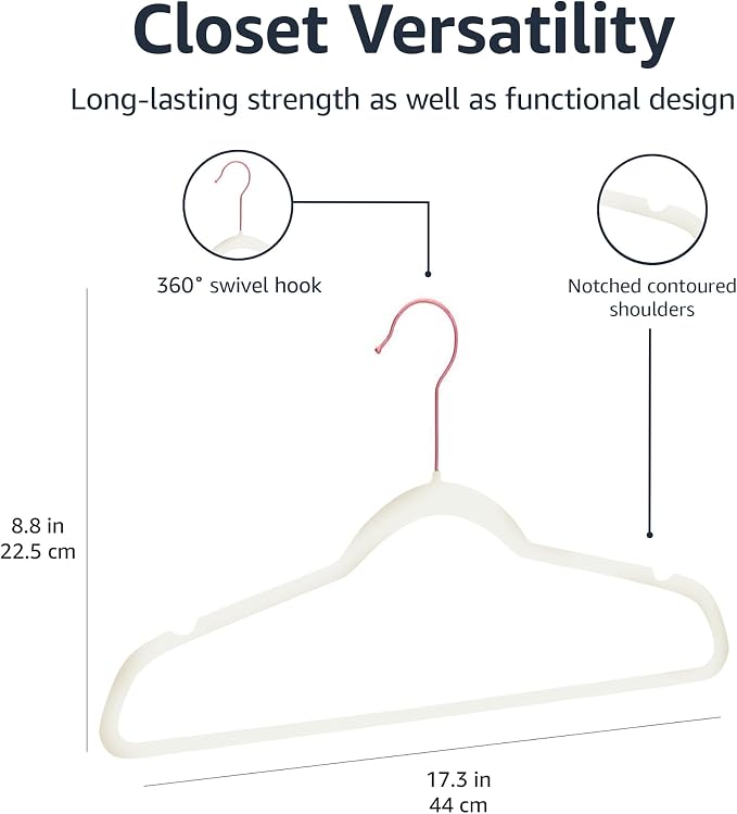 Amazon Basics Slim Velvet Non-Slip Space Saving Suit Clothes Hangers for Closet Organization, Ivory/Rose Gold, 100-Pack