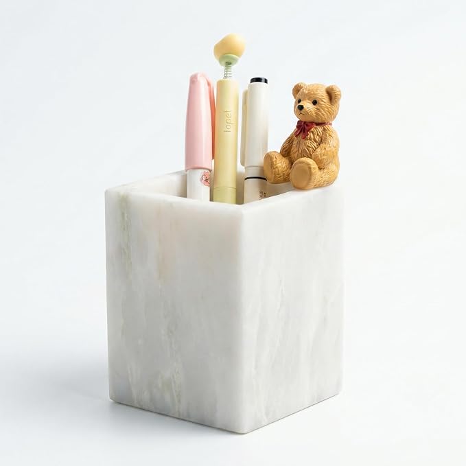 Natural Marble Pen Holder, 2.95" x 3.74" Square Hand-Polished Desk Pencil Cup, Multi-Functional Marble Organizer for Makeup Brushes, Kitchen Utensils, Office, Bathroom, Home Decor