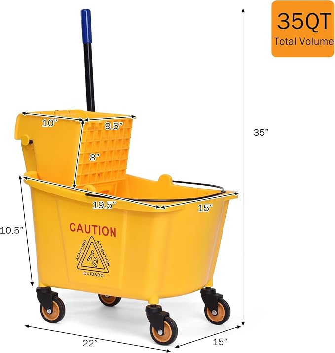 Mop Bucket, Commercial Bucket for Mopping on Wheels with Potable Handle, Mop Bucket with Wringer for Home, Household, Office, Bathroom, Yellow (34 Quarts)