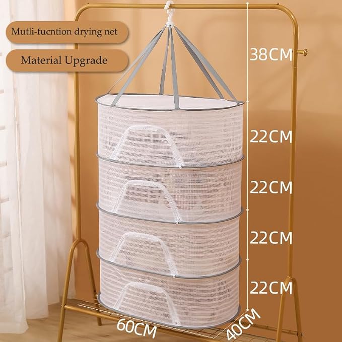 Foldable Drying Net for Vegetables, Fish, and Dehydrated Goods, Multi-Tiered Food Drying Net, Versatile Drying Rack, Windproof Design, Zipper Closure for Insect Protection 4Layer White