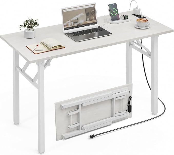 XBurmo Small Folding Desk Folding Table, No Assembly Foldable Desk Gaming Desk, 43.3-Inch Computer Table Workstation with 2 AC Outlets and 2 USB Ports for Bedroom and Home Office, White Ash