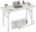 XBurmo Small Folding Desk Folding Table, No Assembly Foldable Desk Gaming Desk, 43.3-Inch Computer Table Workstation with 2 AC Outlets and 2 USB Ports for Bedroom and Home Office, White Ash