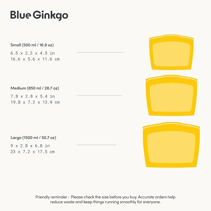 Blue Ginkgo Reusable Silicone Storage Bags – 3-Pack | Korean-Made Stand Up Food, Freezer Bags - Pumkin Yellow