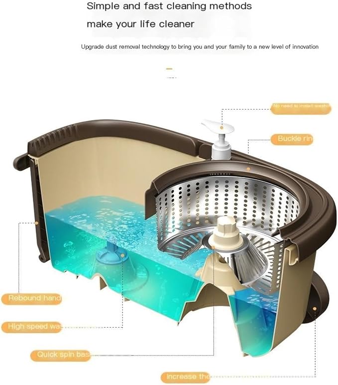 360 Degree Rotatable Stainless Steel Flat Mop and Bucket Set with Microfiber Pads, Self-Squeeze Floor Cleaning System