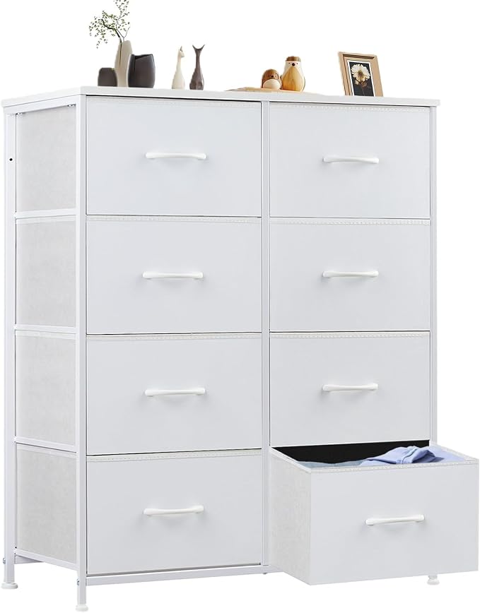 Sweetcrispy Dresser for Bedroom, Chest Organizer Unit with 8 Fabric Bins | Storage Tower, Drawer Organizer with Steel Frame, Wooden Top for Living Room, Closet