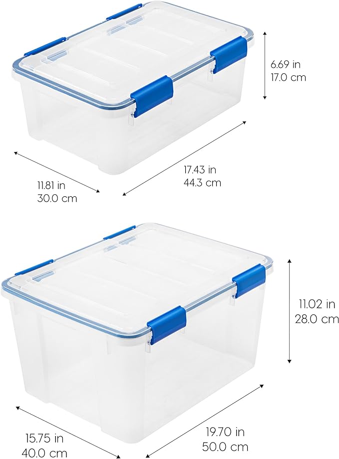 IRIS USA 4-Pack 26.5/44 Combo Qt Storage Bins with Gasket Lids, Clear/Blue | WeatherPro seal helps block dust and moisture Multiple sizes organize every room with confidence