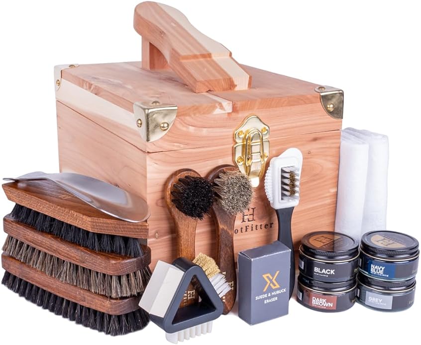 FootFitter Leather Shoe Shine & Suede Cleaning Set with Grand Cedar Valet Box, Polish Creams, Brushes & Premium Care Tools