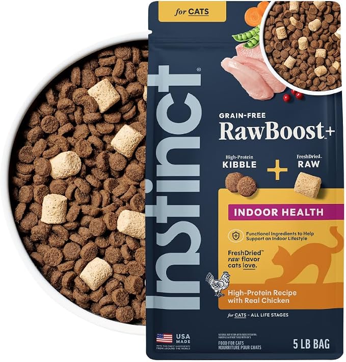 Instinct RawBoost Indoor Health, Dry Cat Food + Freeze Dried, 5 lb. Bag | High-protein kibble with FreshDried raw bites, highly digestible chicken, prebiotics and fewer calories for indoor cats