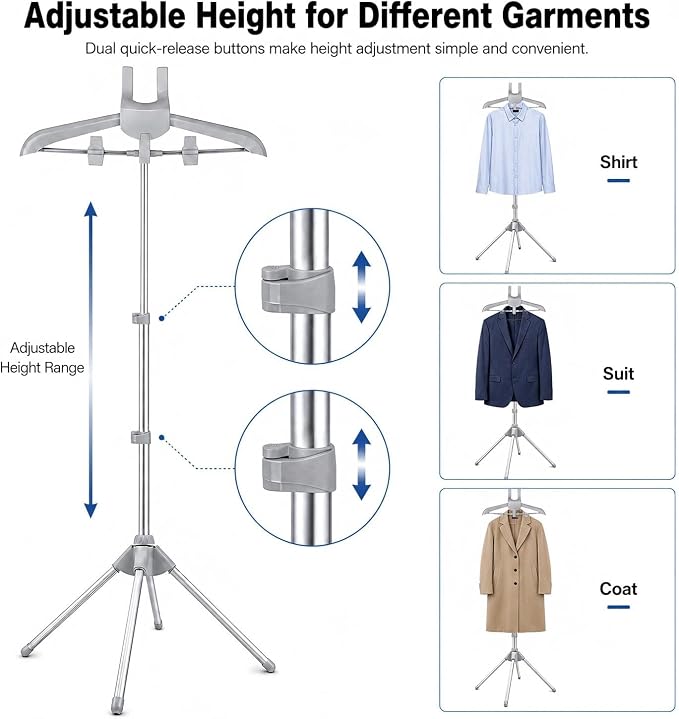 Foldable Garment Steamer Hanger Stand with Ironing Gloves, Adjustable Steamer Rack Included Lint Remover & Storage Bag, 2 Clips&Portable Ironing Board for Suits Shirts Coats Portable Travel Home Use