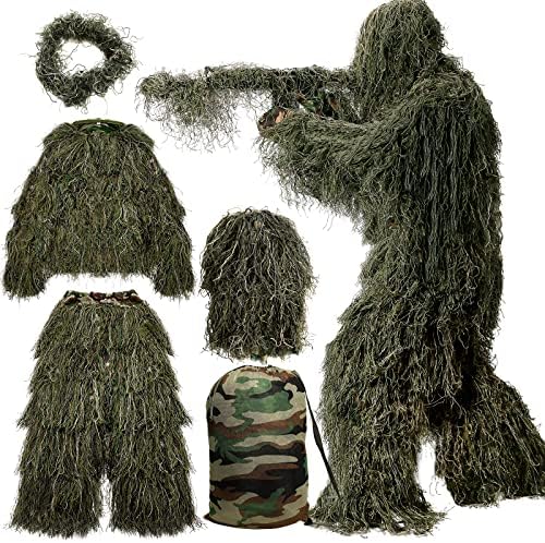 MOPHOTO 5 in 1 Ghillie Suit 3D Camouflage Hunting Suits - Jacket, Pants, Hood, Carry Bag for Adults & Youth, M/L/XL/XXL