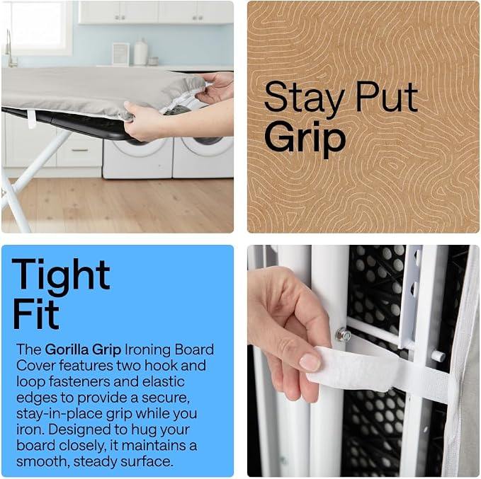 GORILLA GRIP The Original Ironing Board Cover and Pad, Silicone Coating, 400°F Scorch Resistant Thick Padding, Heavy Duty Iron Covers Standard Boards, Hook and Loop Fastener Strap, Silver 13x43