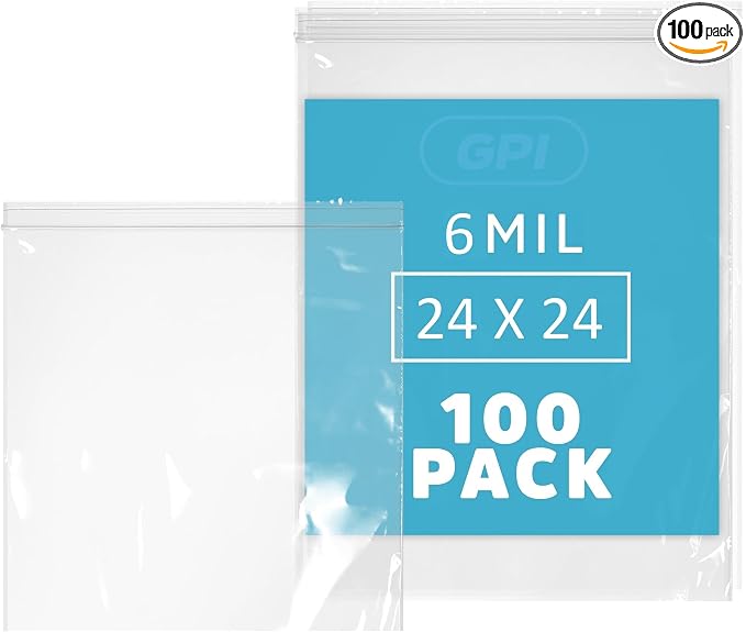 GPI - 24" x 24" Extra Large Reclosable Zip Bags, 6 Mil Extra Heavy-Duty - Pack of 100 - Clear Plastic Zipper Lock Bags, Resealable Poly Baggies For Clothing, Tools, Sharp Objects, Packaging & Storage.
