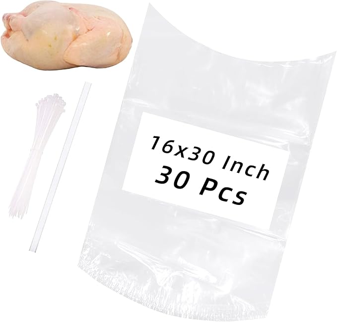 Large Turkey Shrink Bags 30Pcs 16x30In Chicken Bags Heat Shrink for Freezer | with Zip Ties, Silicone Straw for Turkey, Chickens, Rabbits