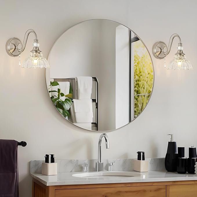 1 Piece Brushed Nickel Finish Wall Sconce, 1-Light Modern Wall Sconce with Hanging Crystal Accents and Flower-Shaped Clear Shades for Bathroom Bedroom Living Room,Modern Vanity Light