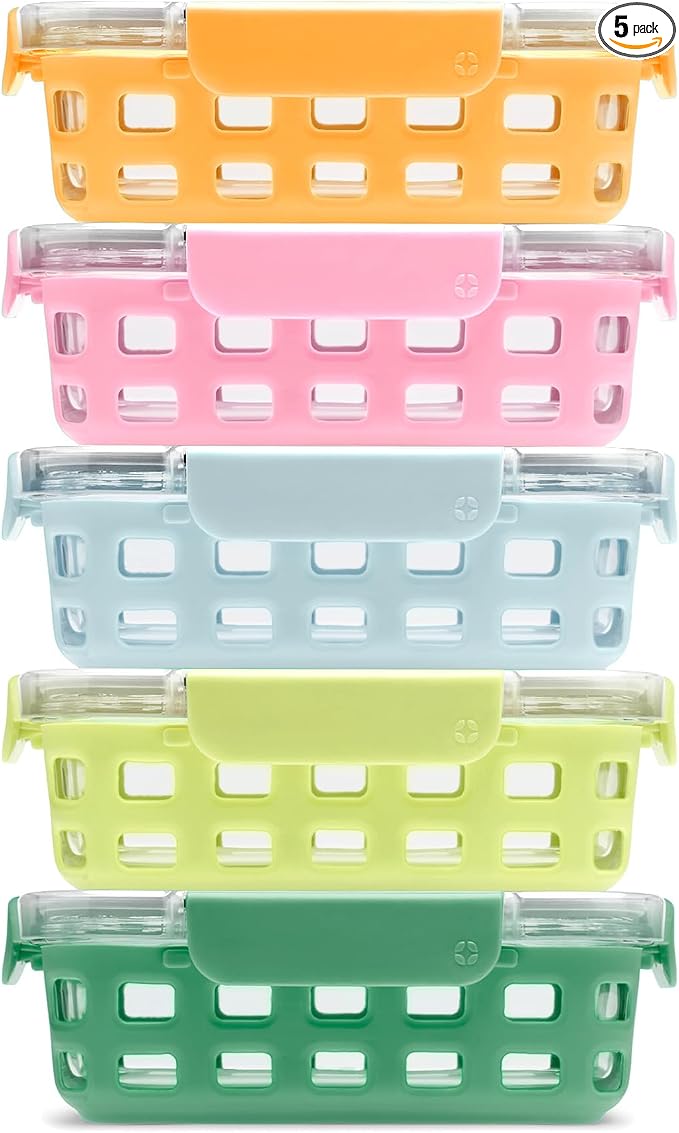 Ello Duraglass 3.4 Cup Glass Meal Prep Containers, 10 Pc, 5 Pack, Meadow | Glass meal prep set with silicone sleeves, leakproof BPA-free lids, microwave and oven safe, freezer and dishwasher safe