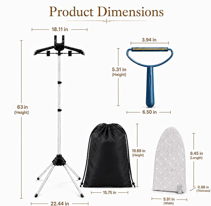 Garment Steamer Stand Set for Handheld Steamers, 33-63 Inch | Metal stand with 360 rotating hanger for shirts, suits and graduation gowns; includes 2 pads, 2 lint removers and 2 bags