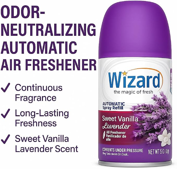 Wizard Automatic Spray Refill – Sweet Vanilla Lavender, 5 oz (12 Pack) | Compatible with Air Wick Freshmatic & Glade Dispensers | Long Lasting Odor Neutralizer for Home & Office