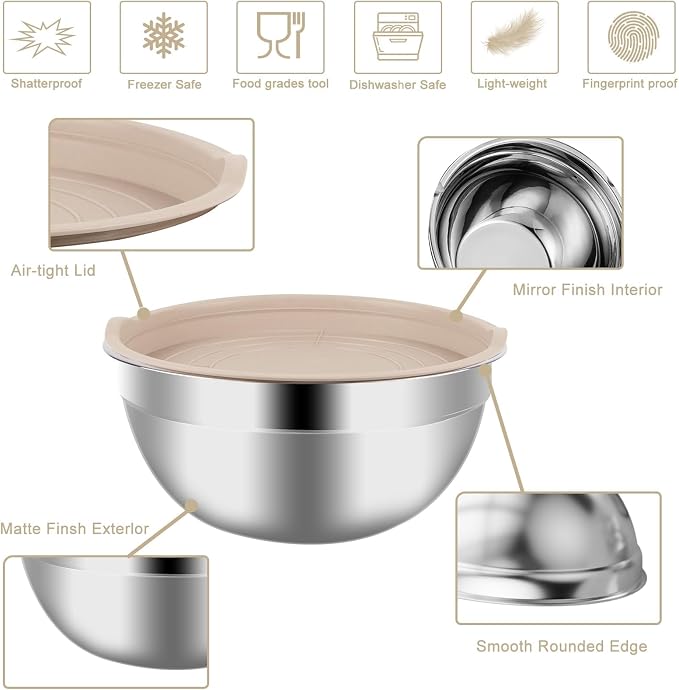WEPSEN Mixing Bowls Set, 25PCS Khaki Mixing Bowls With Lids Set Stainless Steel Kitchen Large Nesting Metal Bowl 7QT to 1.5QT, Measuring Cups and Spoons for Prepping Cooking Serving