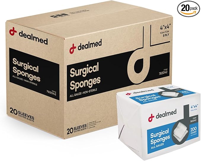 Dealmed 4" x 4" Surgical Sponges, 8-Ply, Non-Woven Absorbent Gauze Sponges for Wound Care, First Aid Kits and Medical Facilities, 200 Count (Case of 20)