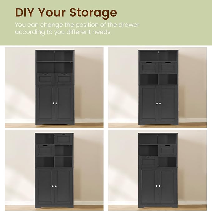Iwell Tall Storage Cabinet, Black Storage Cabinet & Adjustable Shelves, Bathroom Cabinet for Living Room, Dining Room, Entryway, Black