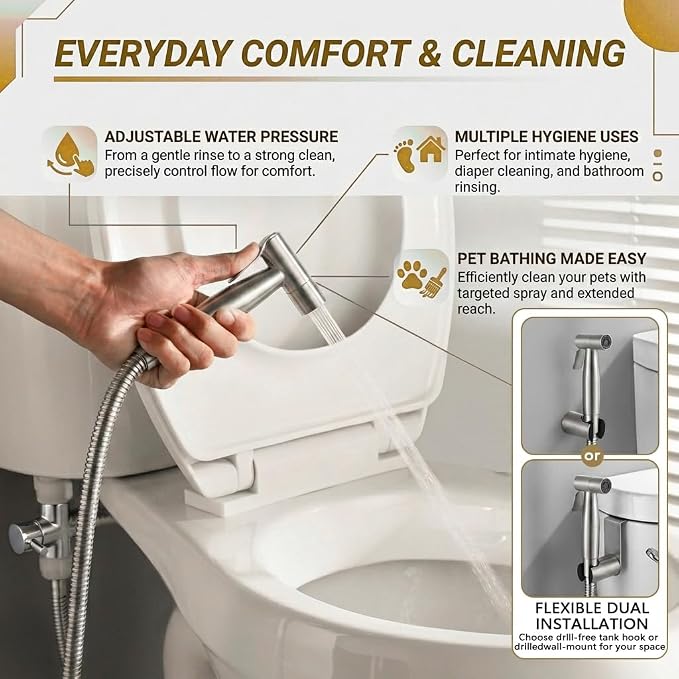 BARROCK Handheld Bidet Sprayer for Toilet, 2 Pack Stainless Steel Metal Made Baby Cloth Diaper Spraying Kit, Bathroom Toilet Bidet Attachment Set for Bathing Pets and Feminine Hygiene, Brushed Nickel